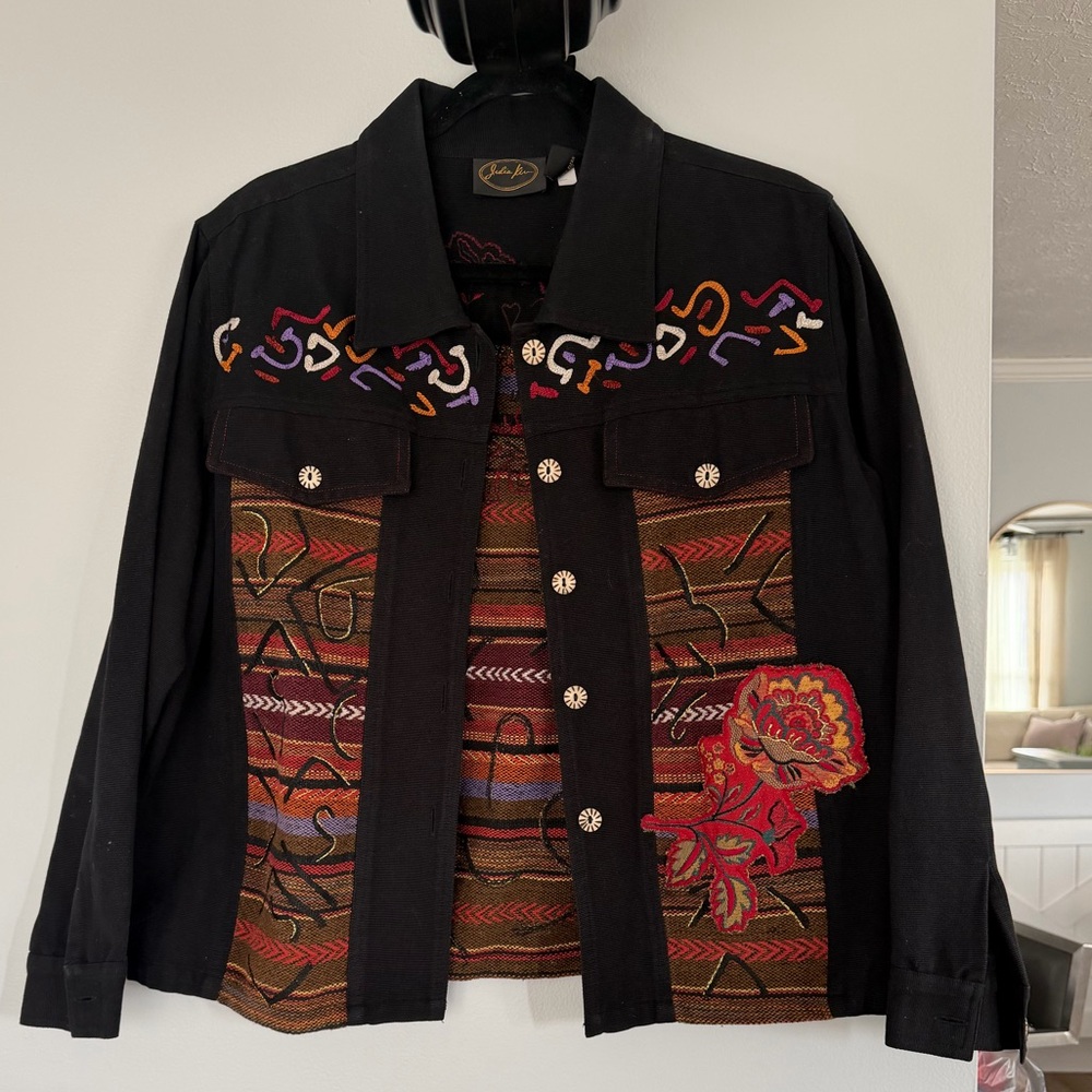 Julia Kim Embroidered Black Multicolor Art Jacket Boho Statement Jacket Size L